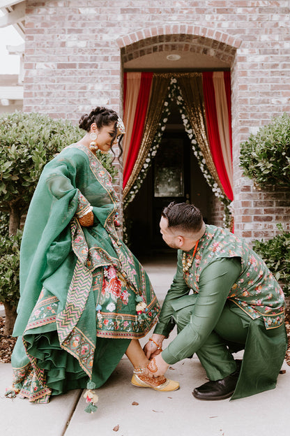 Amandeep Gill in our Panna Waheeda Lehenga Set &amp; Demitri in our Panna Gulfam Bandi Set