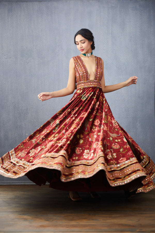 Silk Velvet Digital printed Maroon Anarkali dress