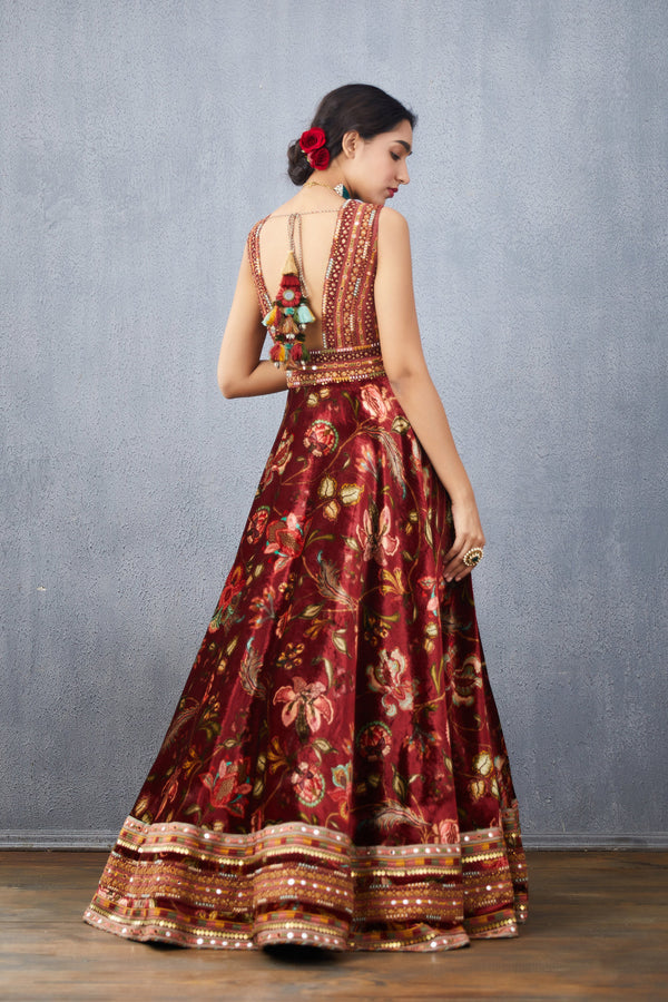 Maroon silk velvet anarkali dress with hand embroidery