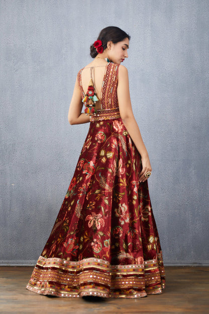 Maroon silk velvet anarkali dress with hand embroidery