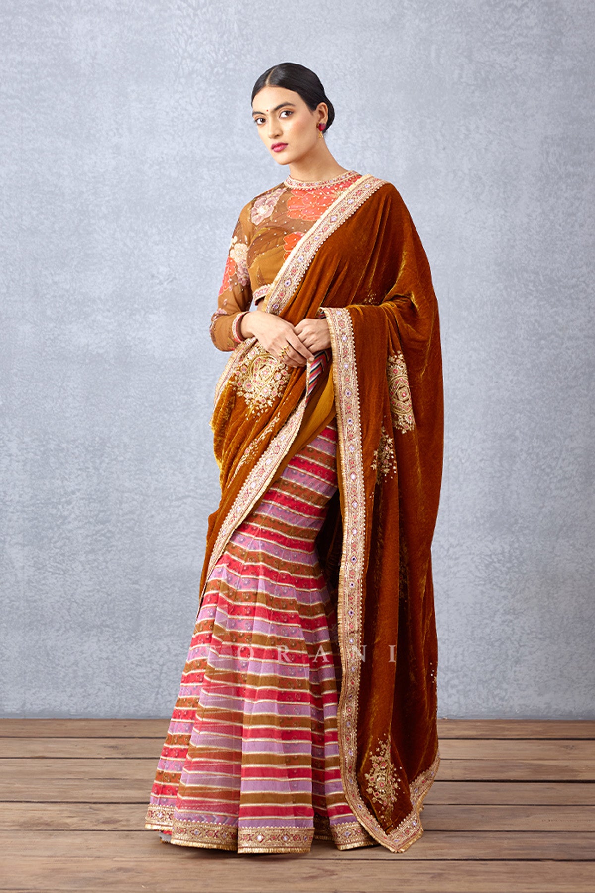 Stripe Printed readymade Saree with Zari Embroidery + Digital Print + Hand Adda Work