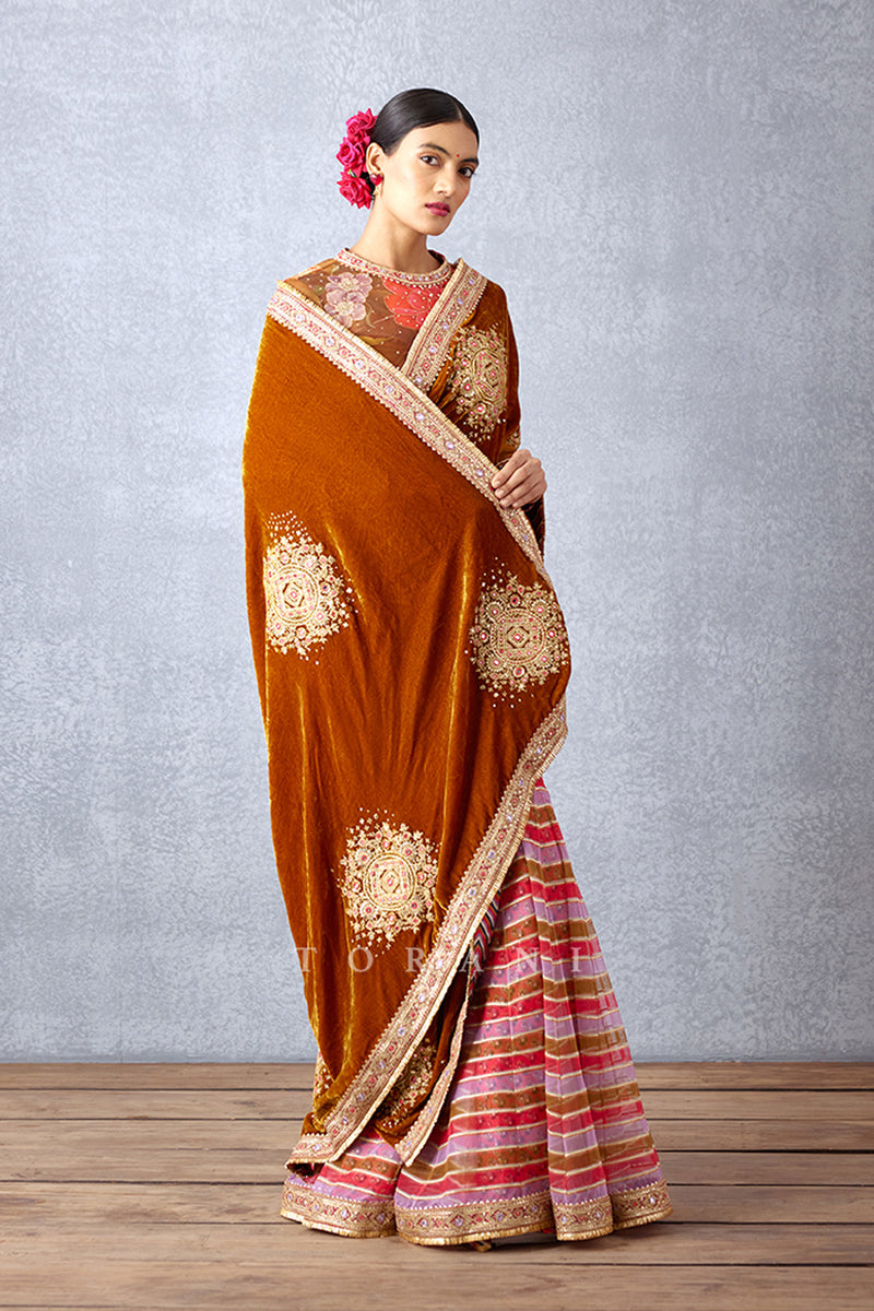Ochre Yellow Stripe Printed Readymade Saree in Silk velvet