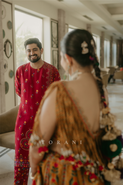 Aakrati and Vaibhav in our Dil Seher Bhavi Lehenga Set &amp; Dil Surkh Mamun Kurta Set