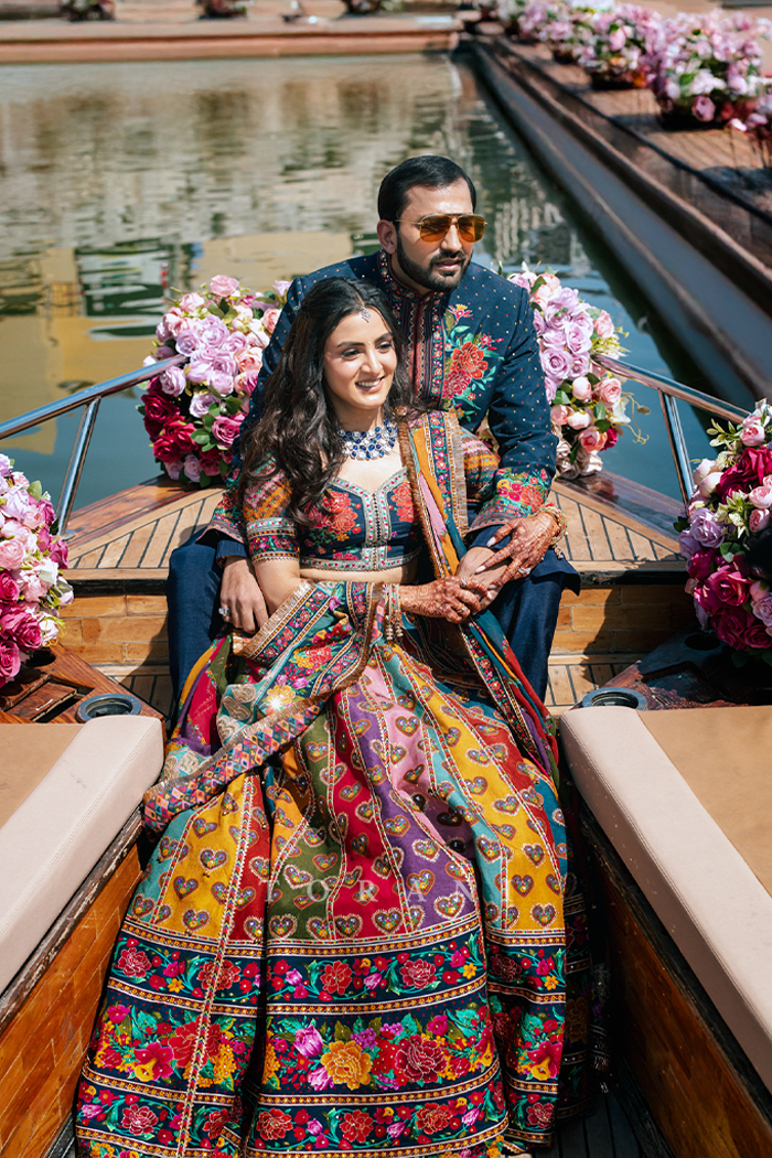Radhika &amp; Abhishek in our Dil Rangrez Jiya Lehenga Set and Custom Dil Rang Arham Jacket Set