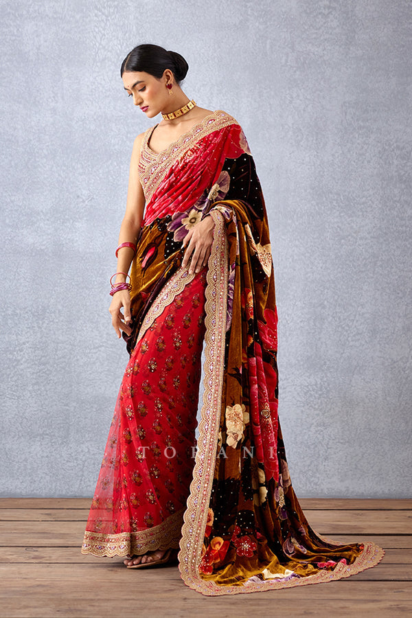 Ochre Yellow Chintz Printed Half and Half Saree in Silk Velvet and Butterfly Net with Hand Embroidered Scallop Border
