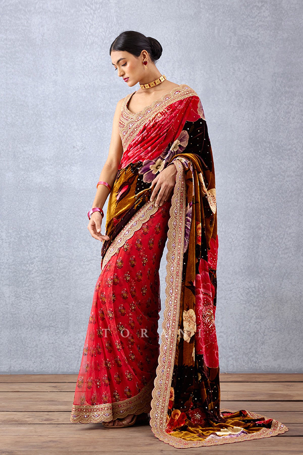 Ochre Yellow Chintz Printed Half and Half Saree in Silk Velvet