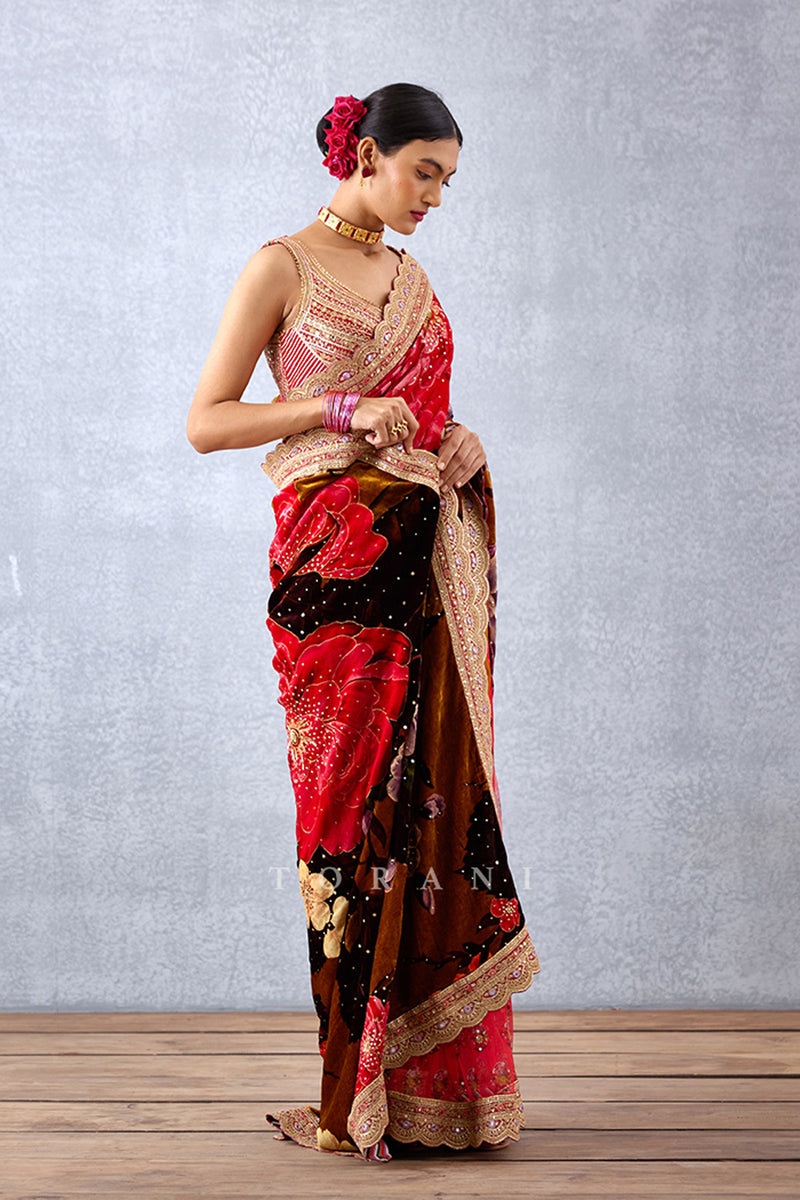Printed Half and Half Saree in Silk Velvet and Butterfly Net