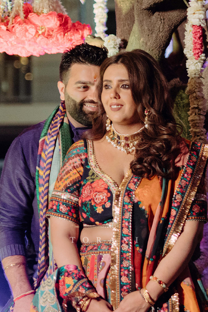 Rasalica and Abhishek in our Dil Rangrez Jiya Lehenga Set &amp; Custom Jamuni Navratan Kurta Set