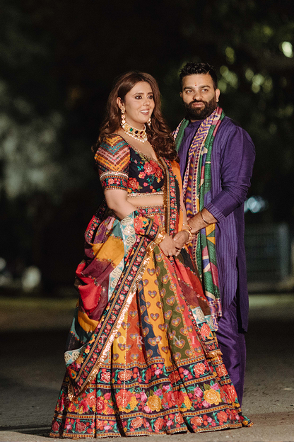 Rasalica and Abhishek in our Dil Rangrez Jiya Lehenga Set &amp; Custom Jamuni Navratan Kurta Set