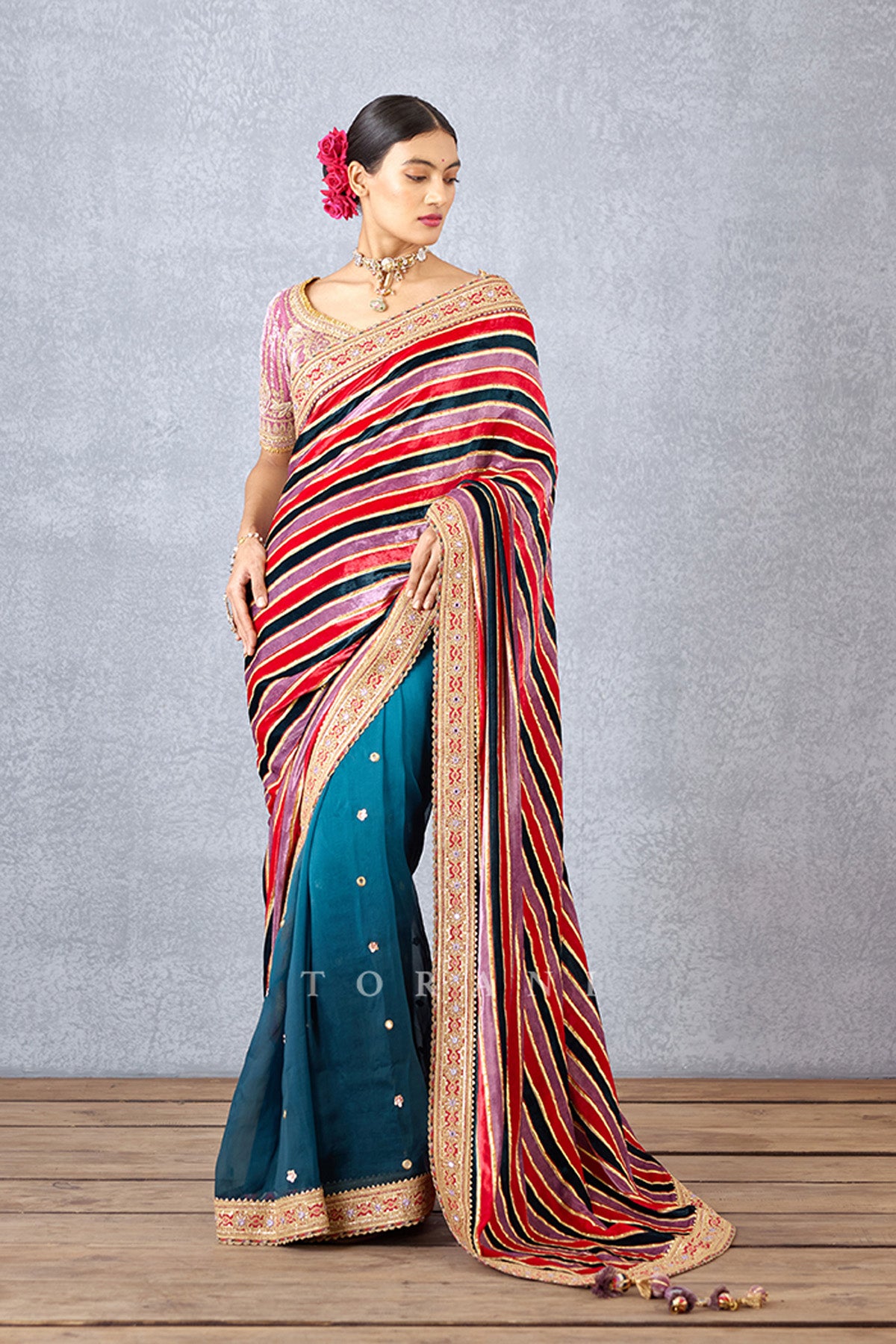 Fiery Pink Half and Half saree