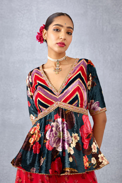 Navy Blue Silk Velvet Printed Peplum Blouse