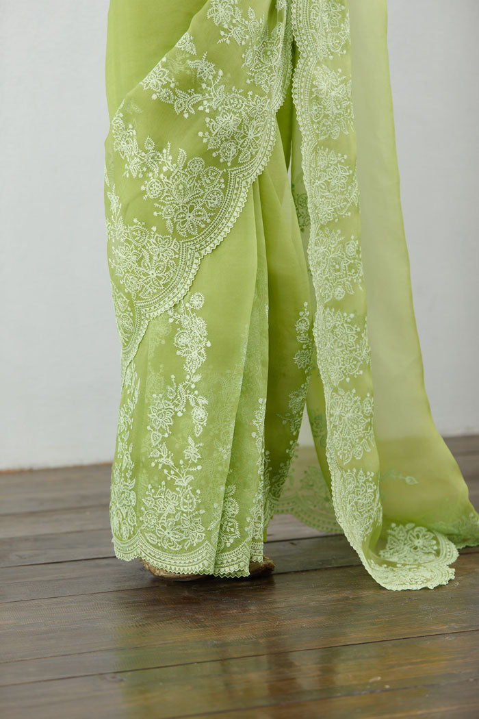 green Embroidered saree in luxurious organza fabric