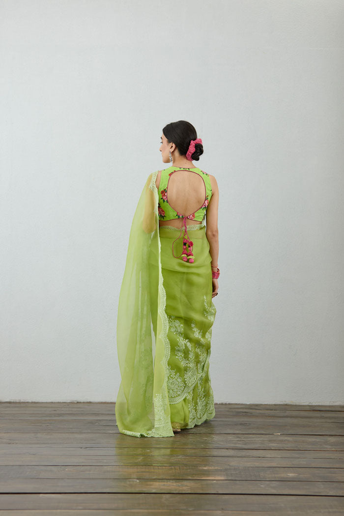green Organza saree with machine embroidery