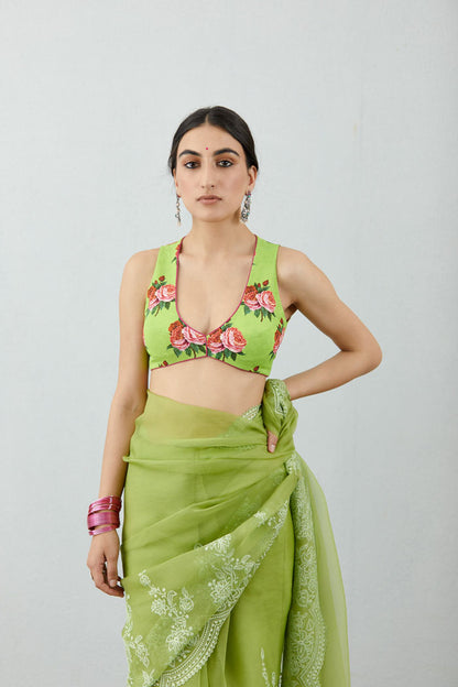 digital printed green sleeveless blouse