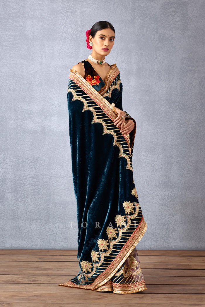 Navy Blue Printed Half and Half Saree in Silk Velvet &amp; Butterfly Net