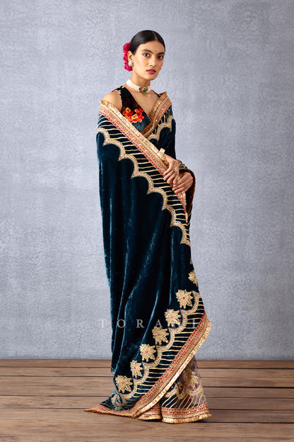 Navy Blue Printed Half and Half Saree in Silk Velvet &amp; Butterfly Net