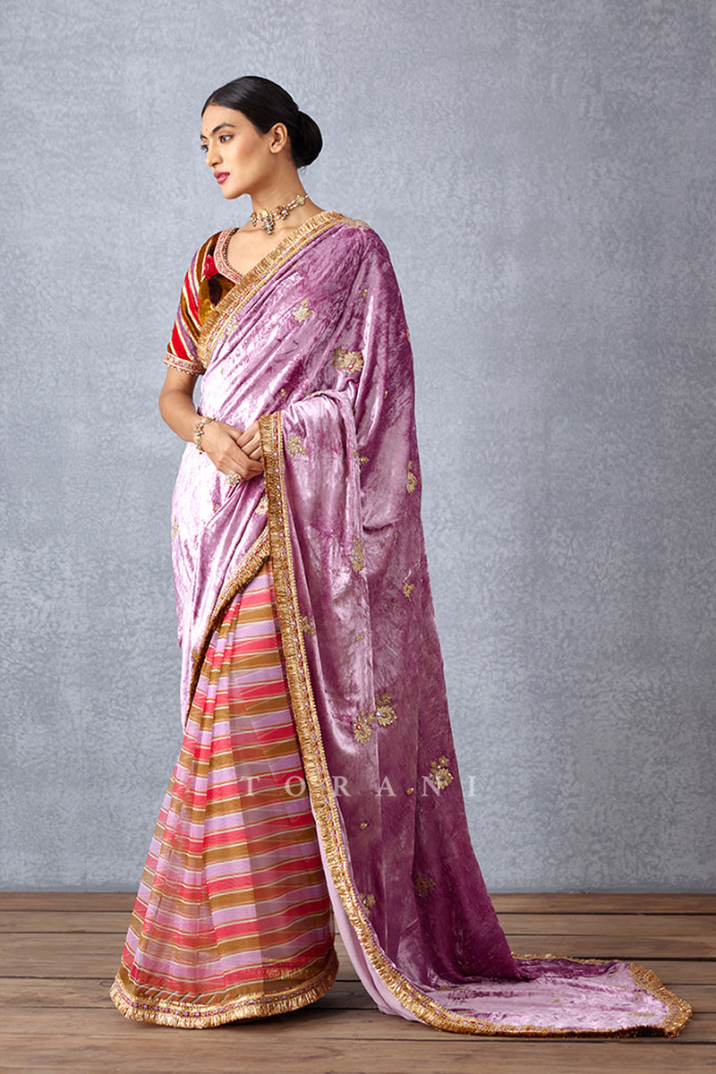 Wisteria Pink Embroidered Half and Half Saree Having Half Butterfly Net Fabric and Silk Velvet Pallu
