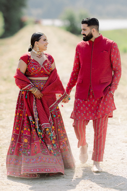 Jasmin and Nav in our Dil Surkh Avora Javeri Lehenga Set &amp; Dil Surkh Ramzi Bandi Set