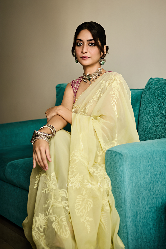 Tanya Maniktala in our Kasmai Pankhuri Meera Saree Set