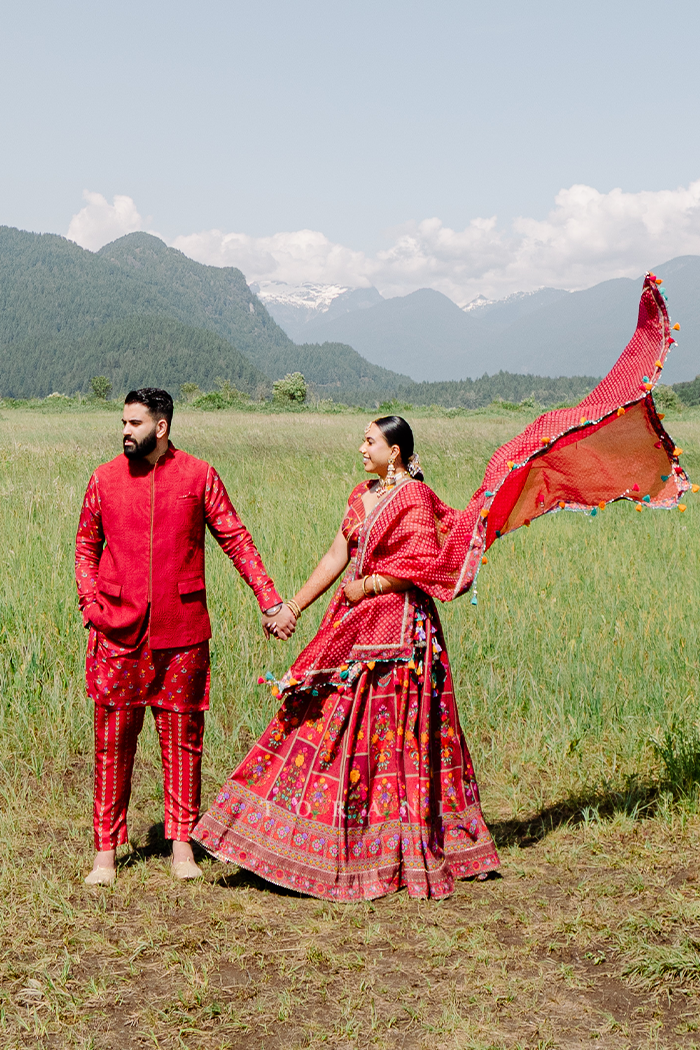 Jasmin and Nav in our Dil Surkh Avora Javeri Lehenga Set &amp; Dil Surkh Ramzi Bandi Set