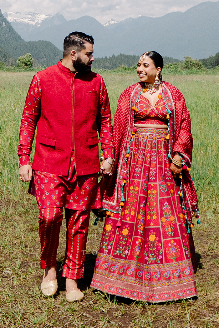 Jasmin and Nav in our Dil Surkh Avora Javeri Lehenga Set &amp; Dil Surkh Ramzi Bandi Set