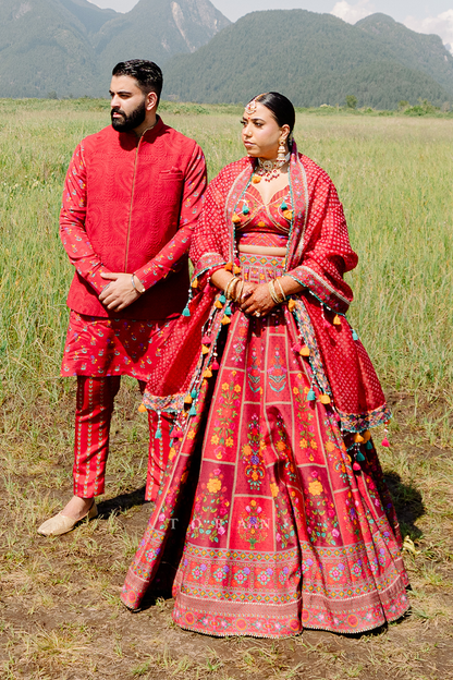Jasmin and Nav in our Dil Surkh Avora Javeri Lehenga Set &amp; Dil Surkh Ramzi Bandi Set