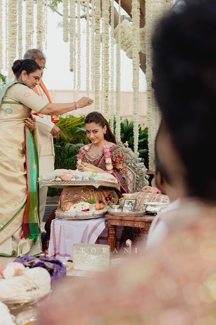 Rashmika Mandanna in our Tanjore Lakshmi Corset Skirt Set