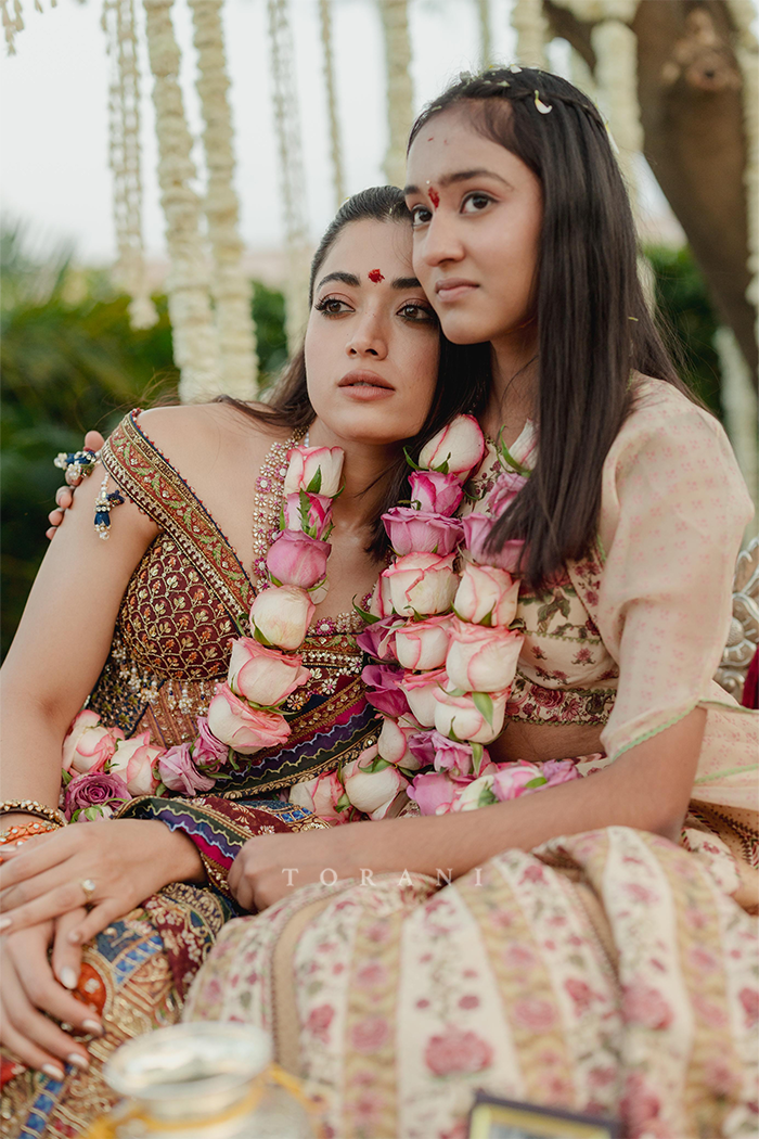 Rashmika Mandanna in our Tanjore Lakshmi Corset Skirt Set