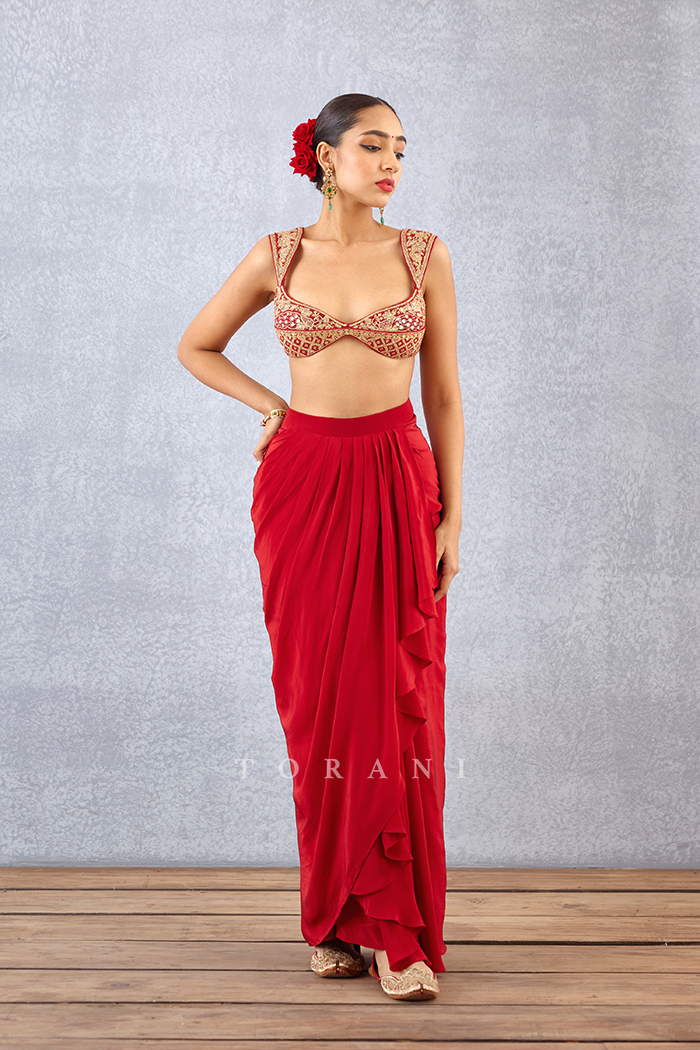 Bright Red Fully Embroidered Sleeveless Blouse in Silk