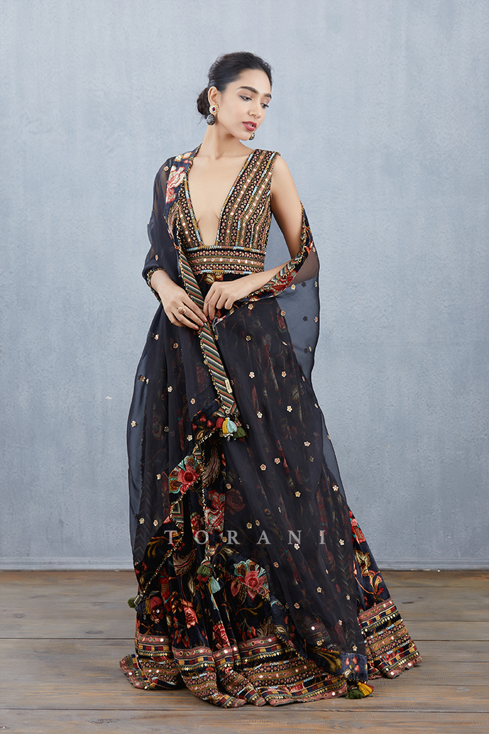 Floral printed anarkali in silk velvet by Torani