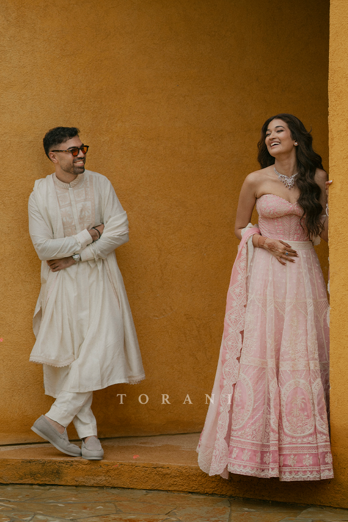 Shruti Bhargava &amp; Shubham Torani in our Gulaban Ayra Lehenga Set and Mogra Vedant Kurta Set