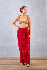 Red draped Dhoti with dori Embroidered Vest with Blouse