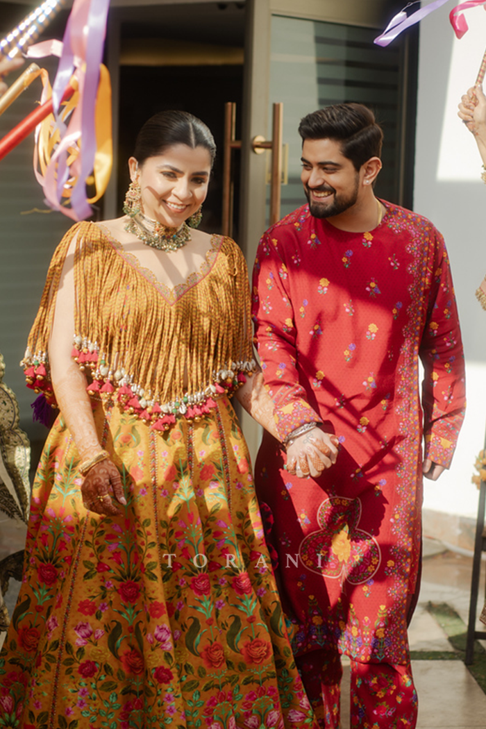 Aakrati and Vaibhav in our Dil Seher Bhavi Lehenga Set &amp; Dil Surkh Mamun Kurta Set