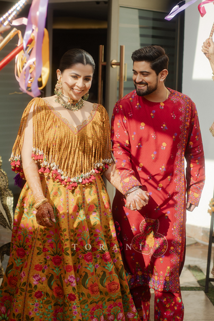 Aakrati and Vaibhav in our Dil Seher Bhavi Lehenga Set &amp; Dil Surkh Mamun Kurta Set
