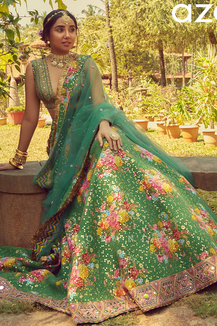 Prajakta Koli in Green embroidered Lehenga Set by Torani