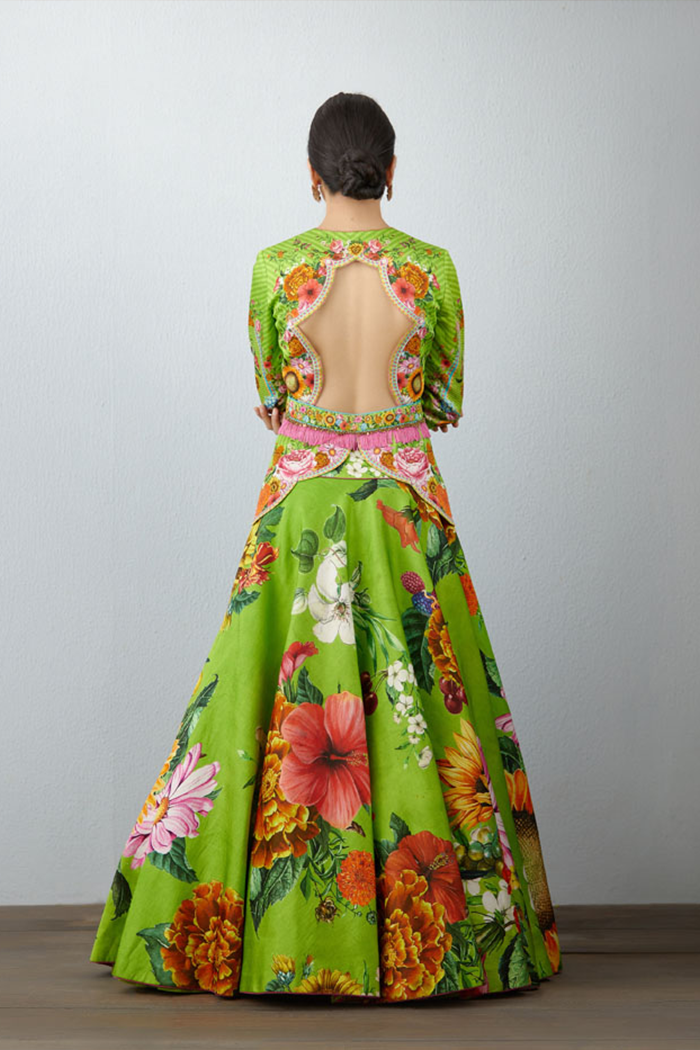 designer printed lehenga with backless blouse