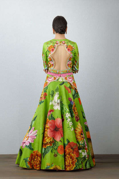 designer printed lehenga with backless blouse