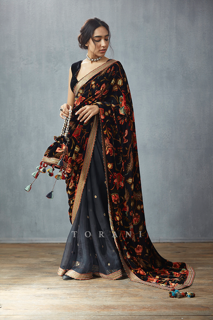 Black half &amp; half bordered saree in silk velvet &amp; organza