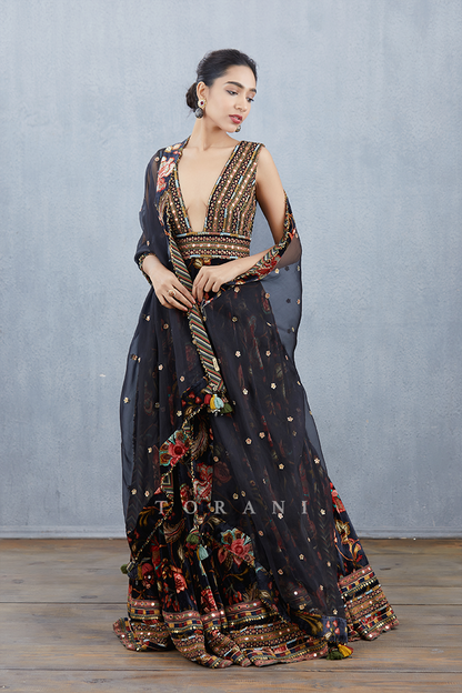 Floral printed anarkali in silk velvet by Torani