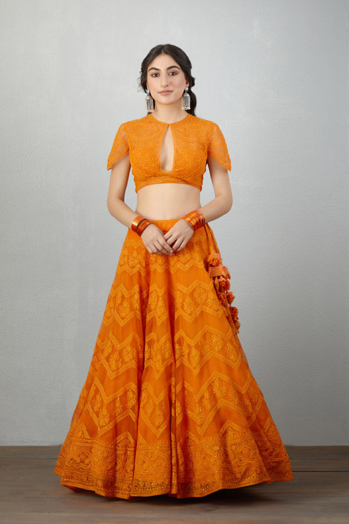 Embroidered Orange Lehenga Set in Organza