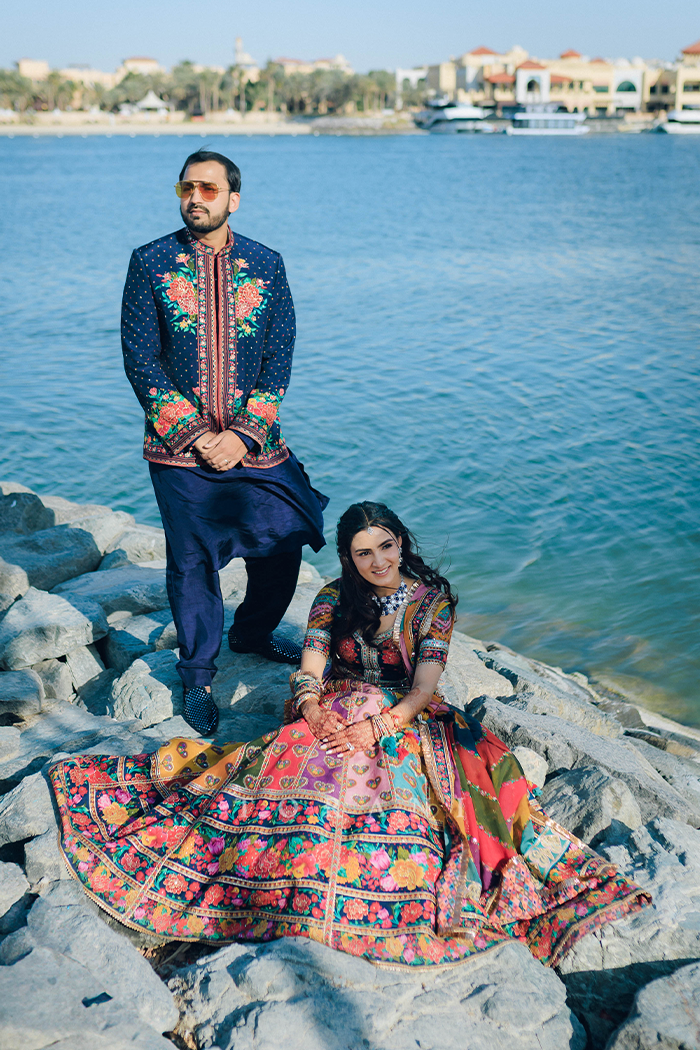 Radhika &amp; Abhishek in our Dil Rangrez Jiya Lehenga Set and Custom Dil Rang Arham Jacket Set