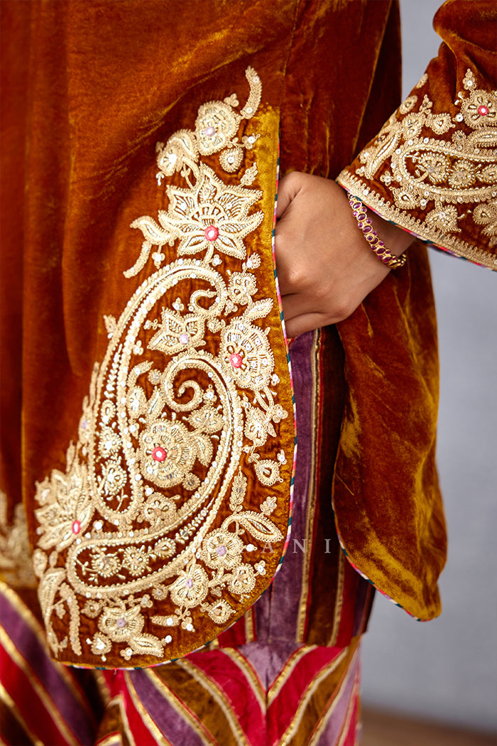 Yellow Sharara Set in Silk Velvet with Hand Adda Work