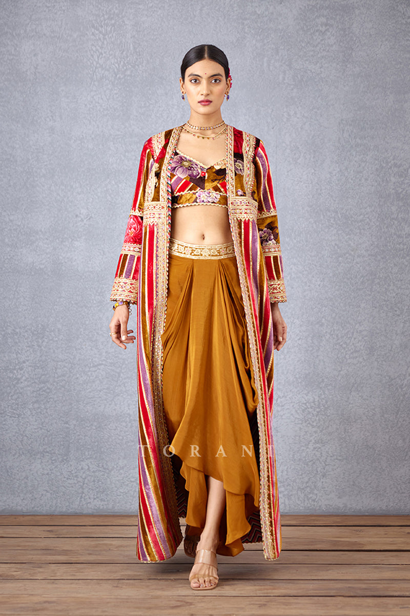 Digital Printed Striped cape & Gota Detailing Bra in Silk Velvet with  Silk Crepe Dhoti 