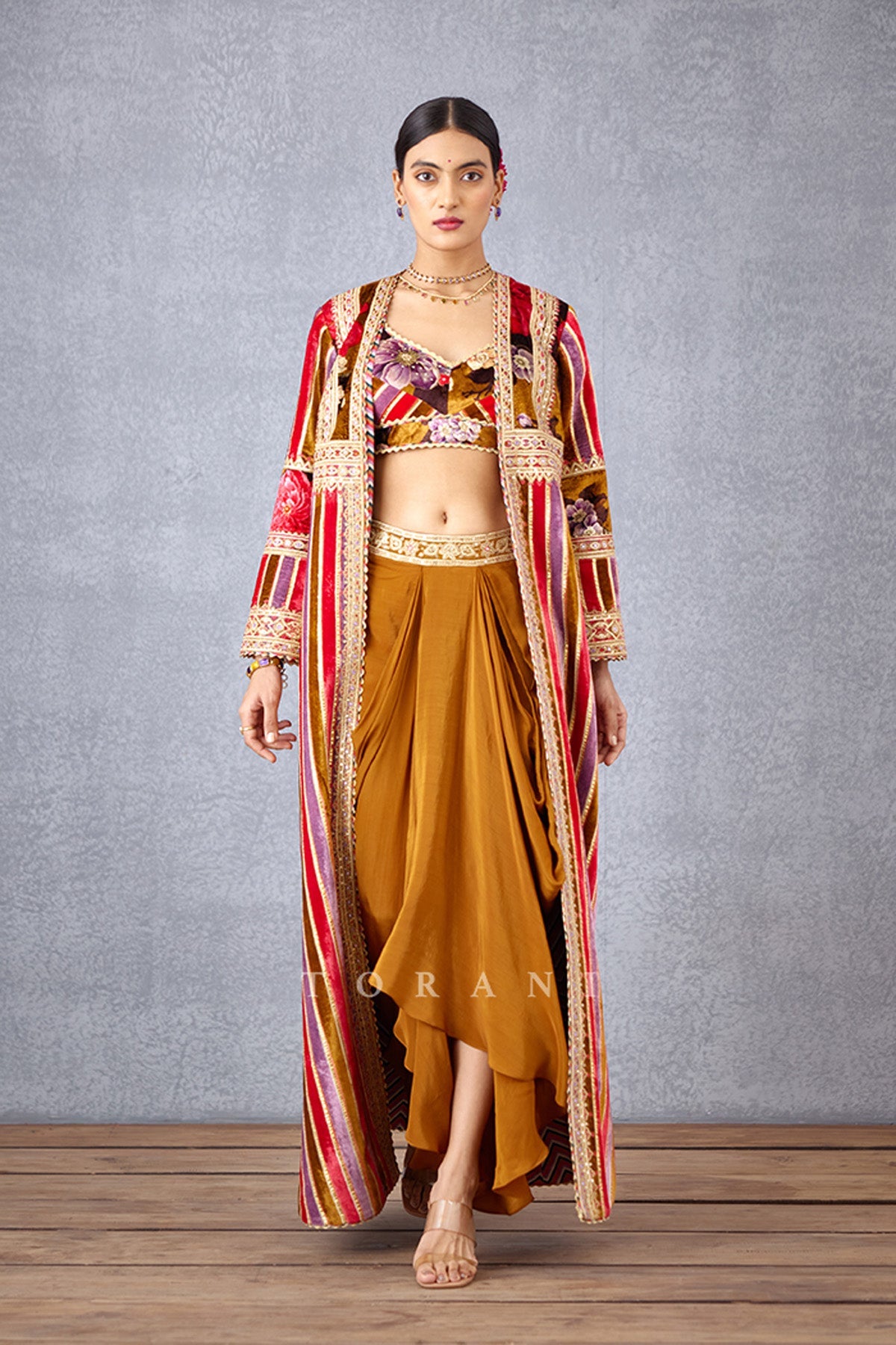 Digital Printed Striped cape &amp; Gota Detailing Bra in Silk Velvet with  Silk Crepe Dhoti 