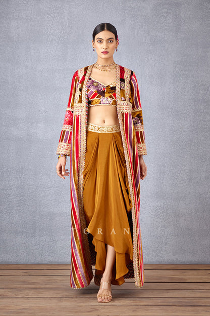 Digital Printed Striped cape &amp; Gota Detailing Bra in Silk Velvet with  Silk Crepe Dhoti 