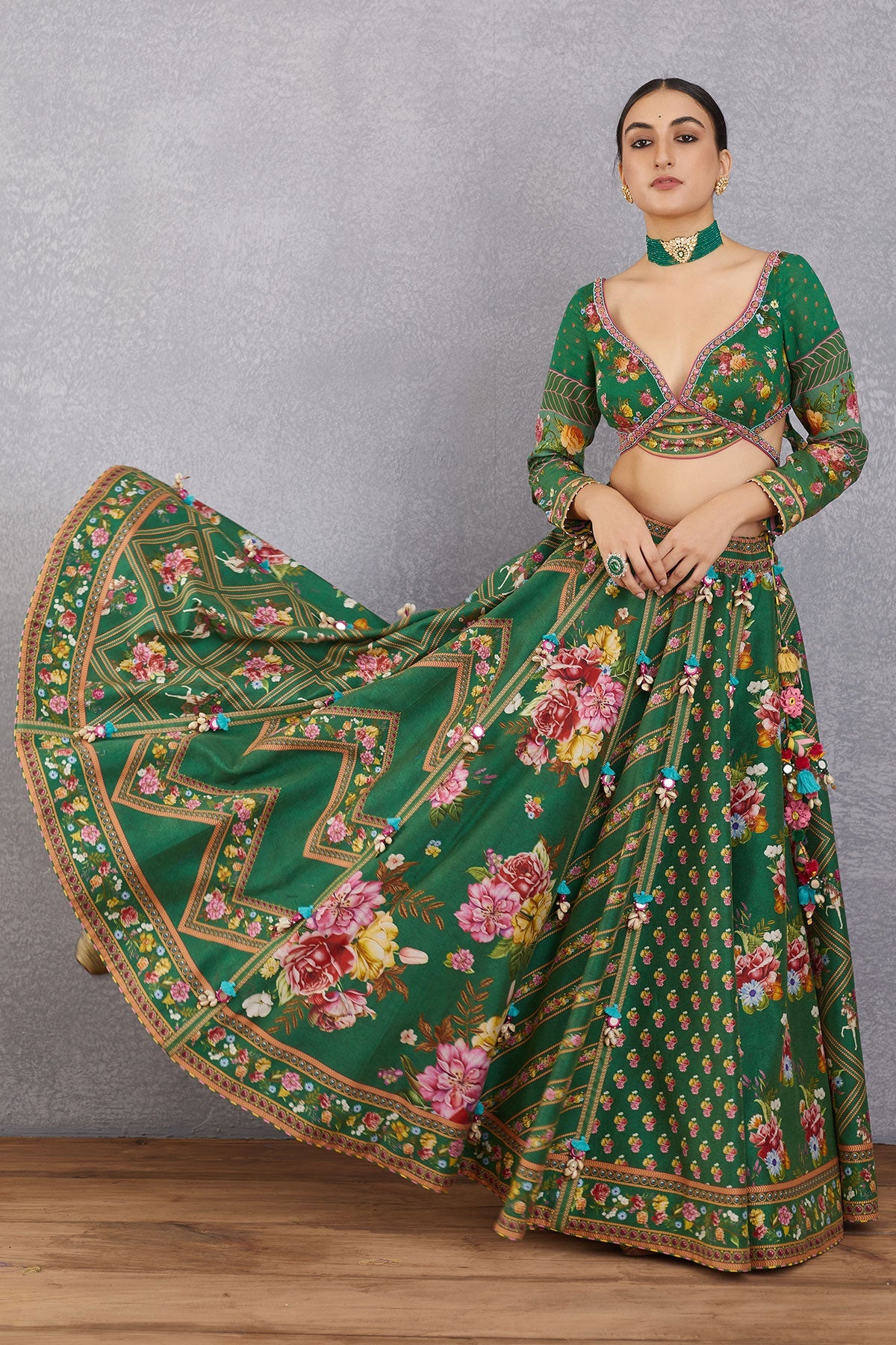 Amandeep Gill in our Panna Waheeda Lehenga Set &amp; Demitri in our Panna Gulfam Bandi Set