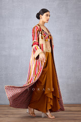 Digital Printed Striped Long cape & Bra in Silk Velvet with Silk Crepe Dhoti