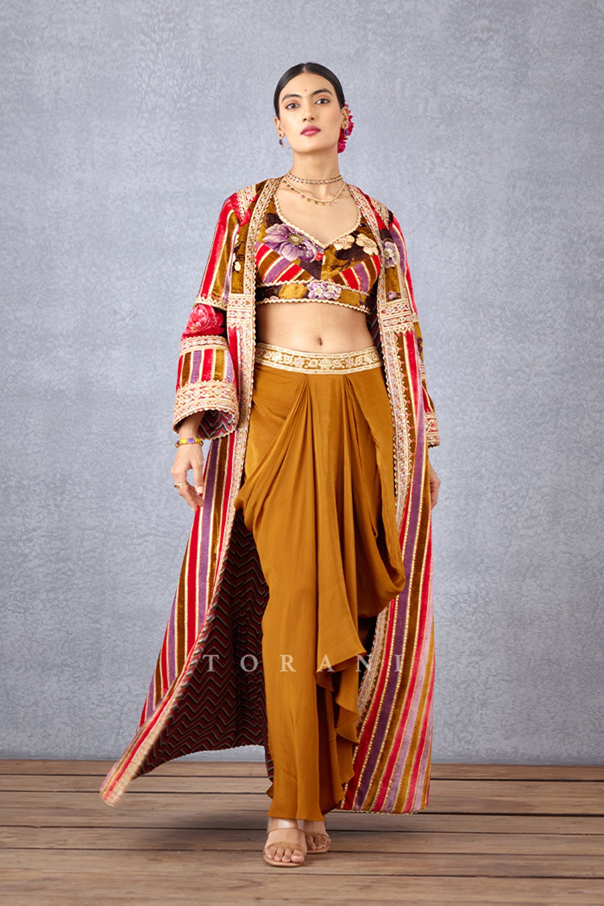 Ochre Yellow Digital Printed Striped Cape in Silk Velvet
