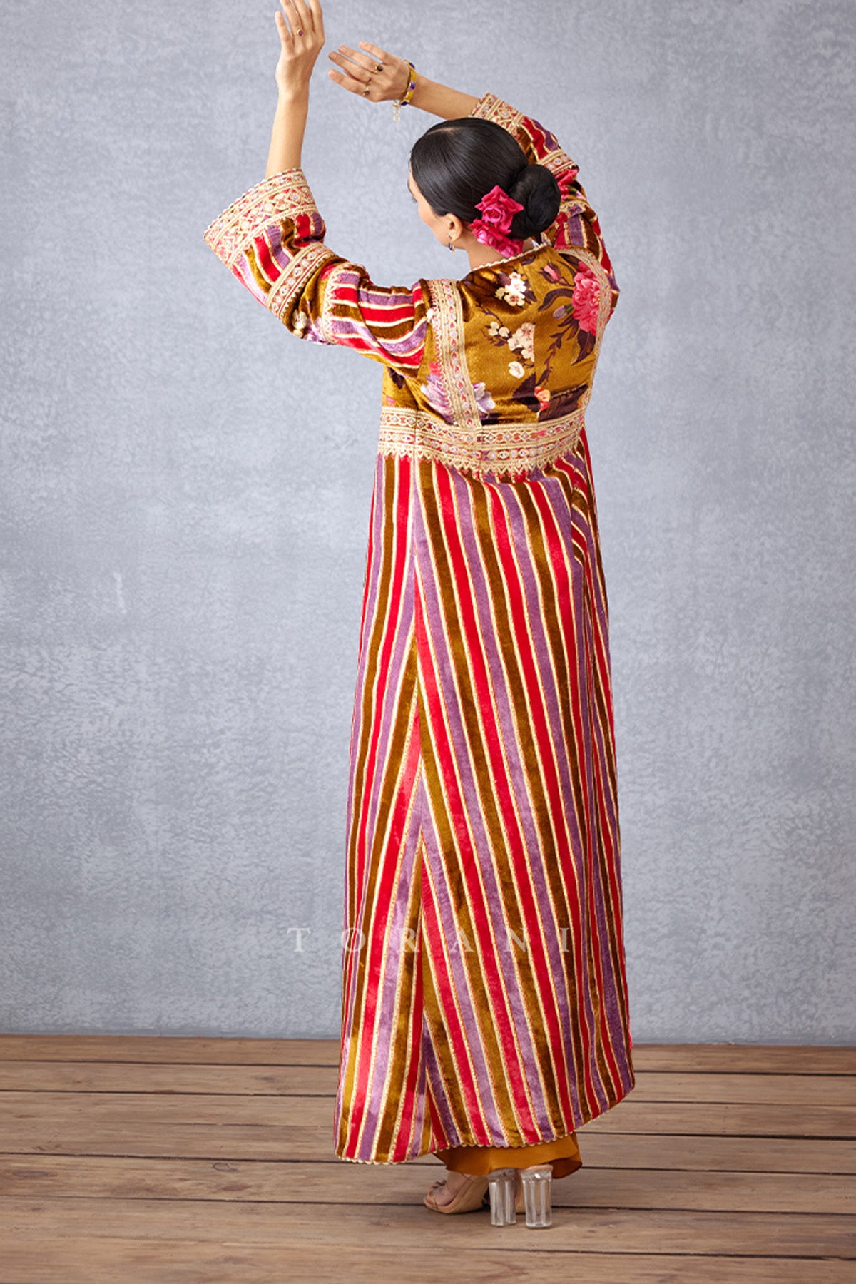 Ochre Yellow Digital Printed Striped cape and Gota Detailing Bralette in Silk Velvet 