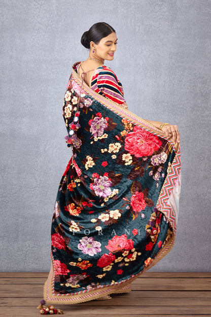 Navy Blue Digital Printed Half and Half Saree Having Half Butterfly Net Fabric and Pallu in Silk Velvet Finished with Embroidery Border